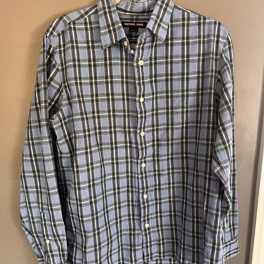 Michael Kors Blue Plaid Men's Shirt Tailored Fit - Size L